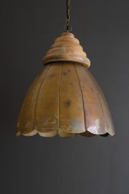 ANTIQUE BRASS PENDANT LIGHT WITH WOOD DETAIL 20" DIA.