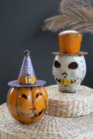 SET OF TWO RECYCLED IRON HALLOWEEN PUMPKIN & SKULL LANTERNS WITH HATS