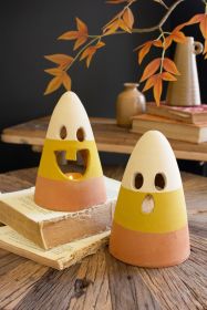SET OF TWO CANDY CORN LANTERNS (Material: Clay, Color: Multi)